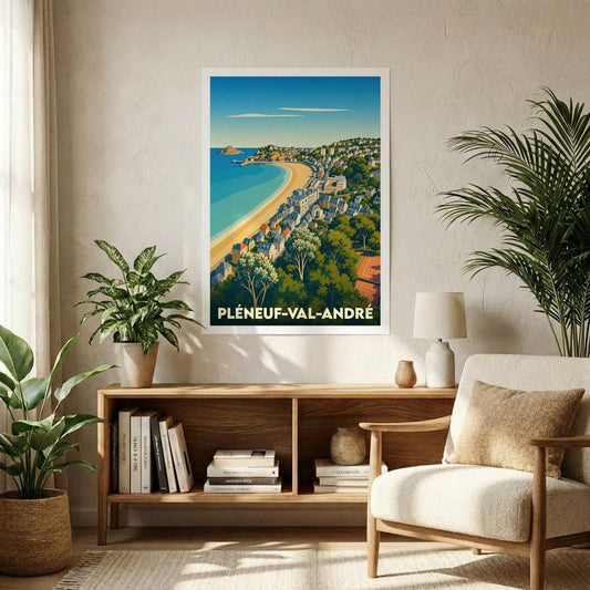 Affiche souvenir de la ville de Pléneuf-Val-André avec une illustration stylisée du littoral et de ses villas.