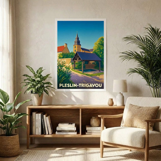 Affiche souvenir de la ville de Pleslin-Trigavou présentant une illustration stylisée et colorée de son patrimoine architectural.