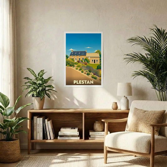 Affiche souvenir de la ville de Plestan avec une illustration stylisée.