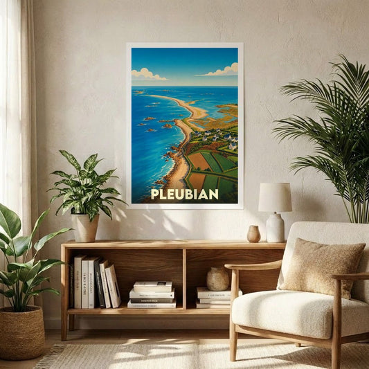 Affiche souvenir de la ville de Pleubian présentant une illustration stylisée et colorée de son littoral.