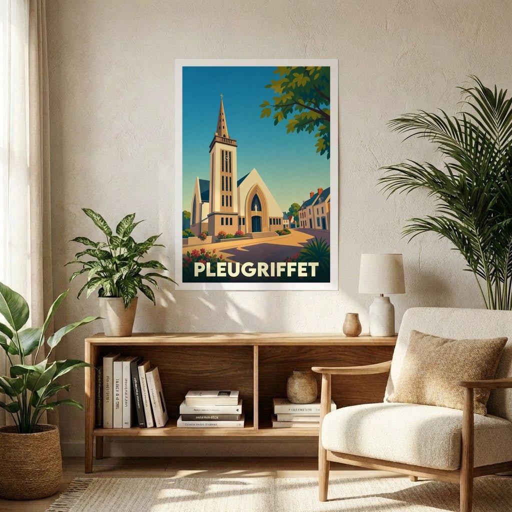Affiche souvenir de la ville de Pleugriffet avec une illustration stylisée de son église.