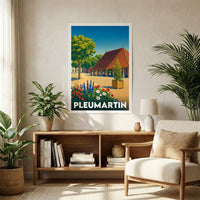 Affiche souvenir de la ville de Pleumartin avec une illustration stylisée et colorée.