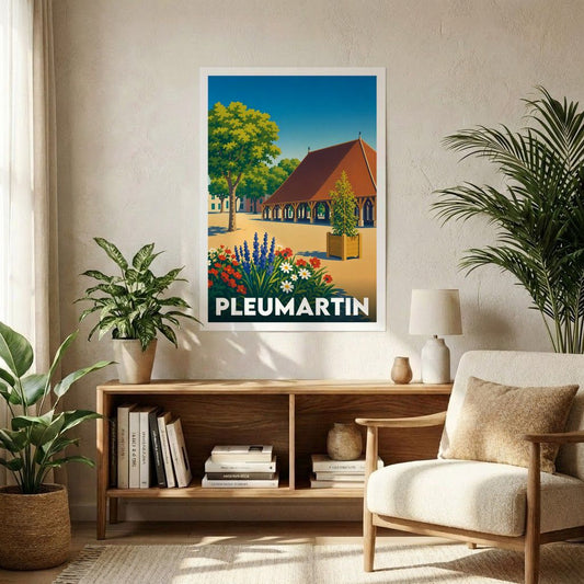 Affiche souvenir de la ville de Pleumartin avec une illustration stylisée et colorée.