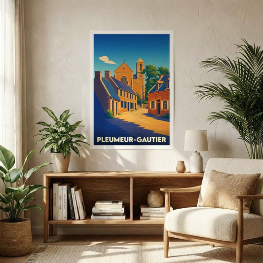 Affiche souvenir de la ville de Pleumeur-Gautier avec une illustration stylisée d'une rue ensoleillée menant à son église.