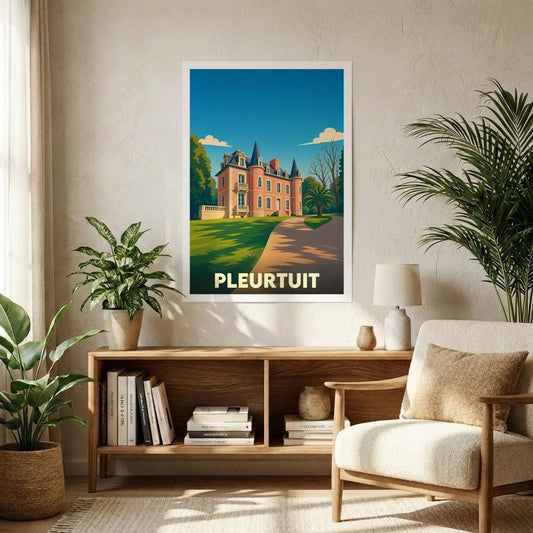 Affiche souvenir de la ville de Pleurtuit avec une illustration stylisée d'un château.