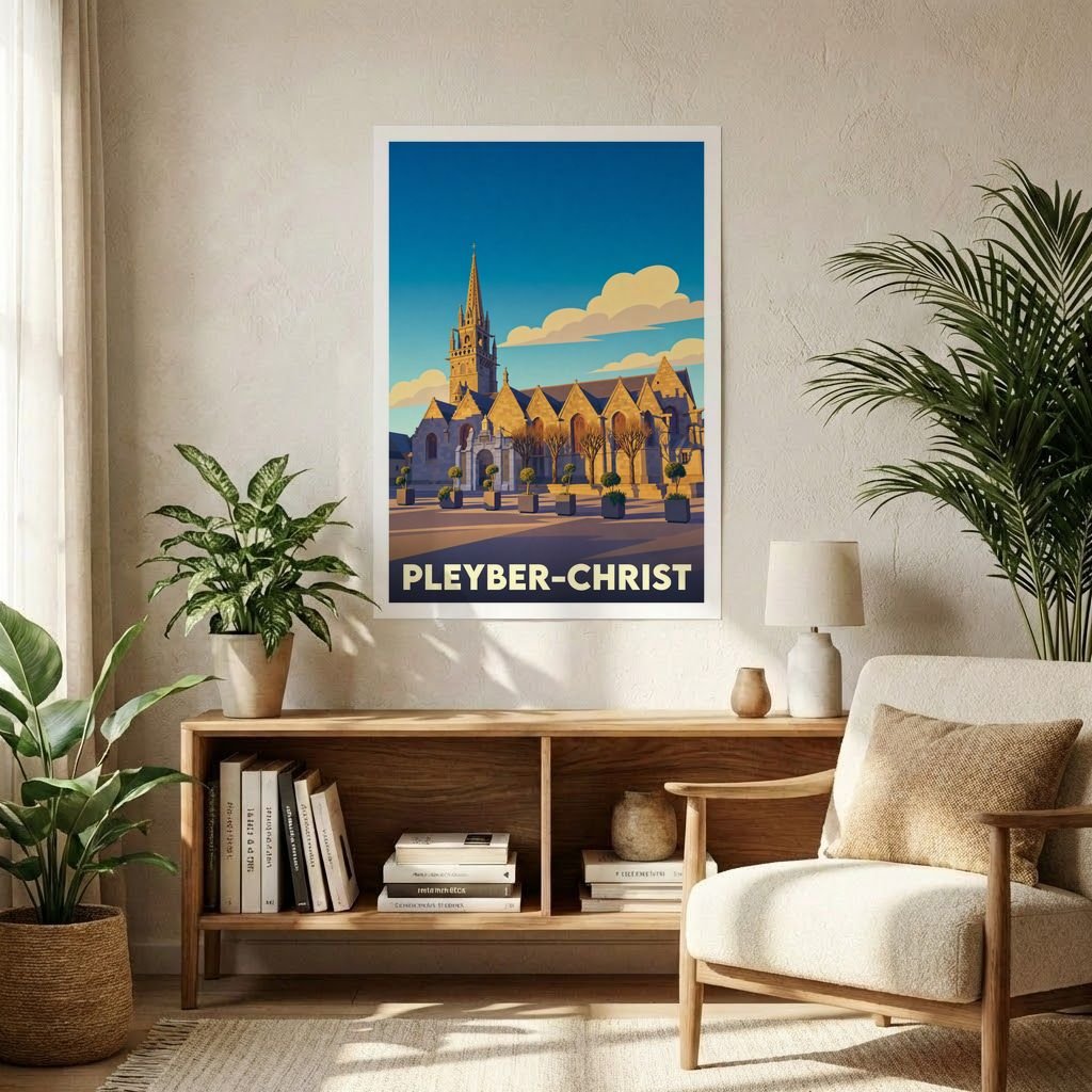 Affiche souvenir de la ville de Pleyber-Christ avec une illustration stylisée de son église paroissiale.