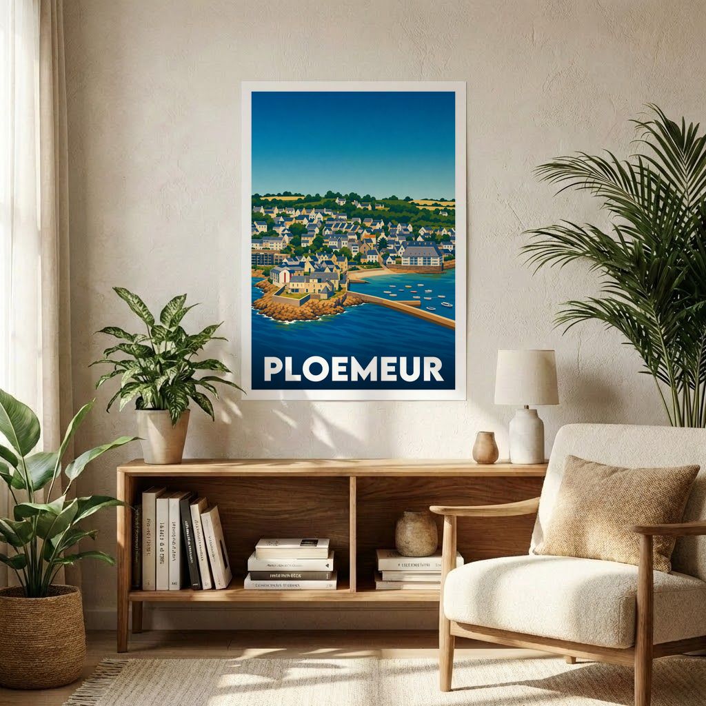 Affiche souvenir de la ville de Ploemeur avec une illustration stylisée de son paysage côtier.