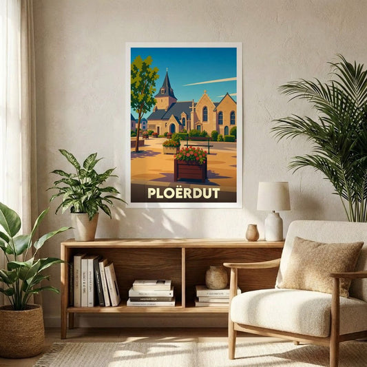 Affiche souvenir de la ville de Ploërdut avec une illustration stylisée de son église et de sa place fleurie.