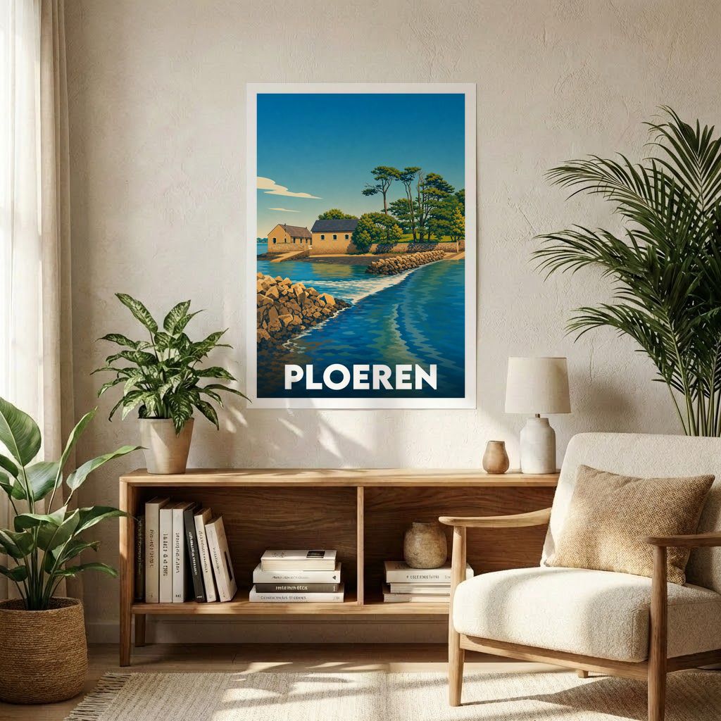 Affiche souvenir de la ville de Ploeren avec une illustration stylisée d'un paysage côtier.