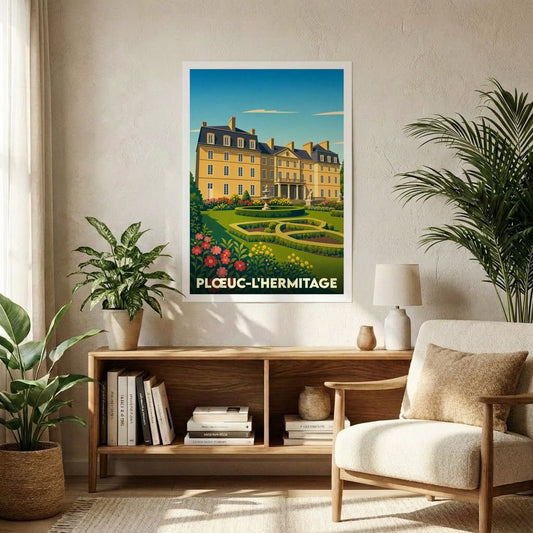 Affiche souvenir de la ville de Plœuc-L'Hermitage avec une illustration stylisée d'un château et de ses jardins.