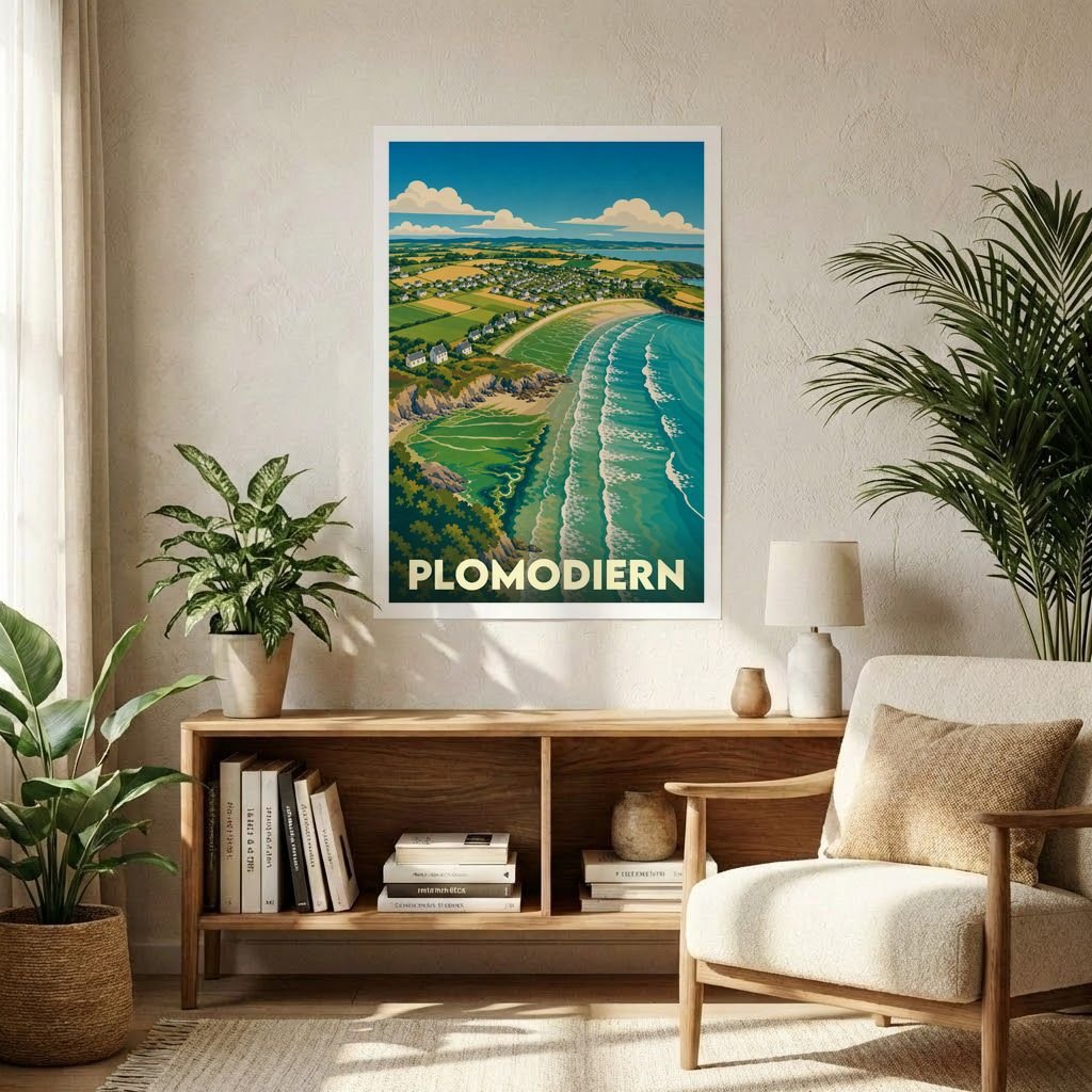 Affiche souvenir de la ville de Plomodiern avec une illustration stylisée de son littoral.
