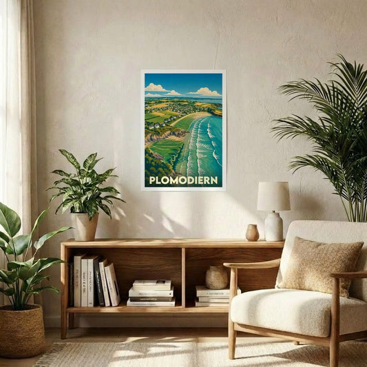 Affiche souvenir de la ville de Plomodiern avec une illustration stylisée de son paysage côtier.