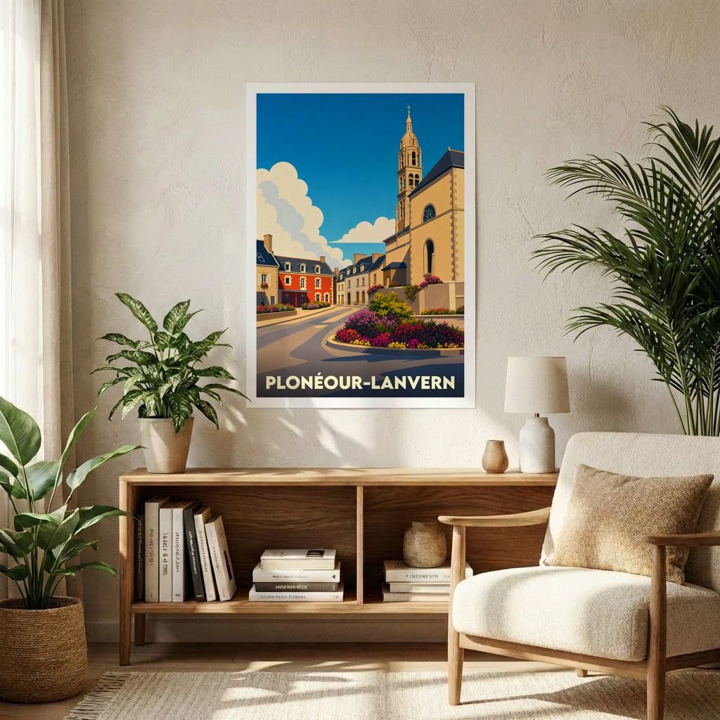 Affiche souvenir de la ville de Plonéour-Lanvern avec une illustration stylisée et colorée.