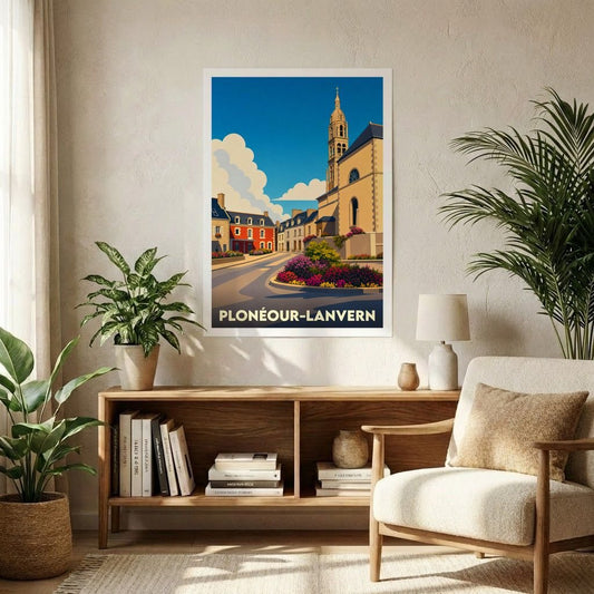 Affiche souvenir de la ville de Plonéour-Lanvern avec une illustration stylisée et colorée.