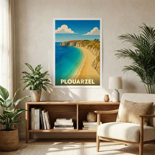 Affiche souvenir de la ville de Plouarzel avec une illustration stylisée de son littoral.
