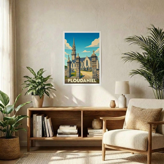 Affiche souvenir de la ville de Ploudaniel avec une illustration stylisée de son église.
