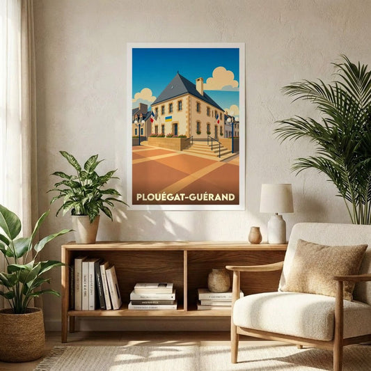 Affiche souvenir de la ville de Plouégat-Guérand avec une illustration stylisée de sa mairie.