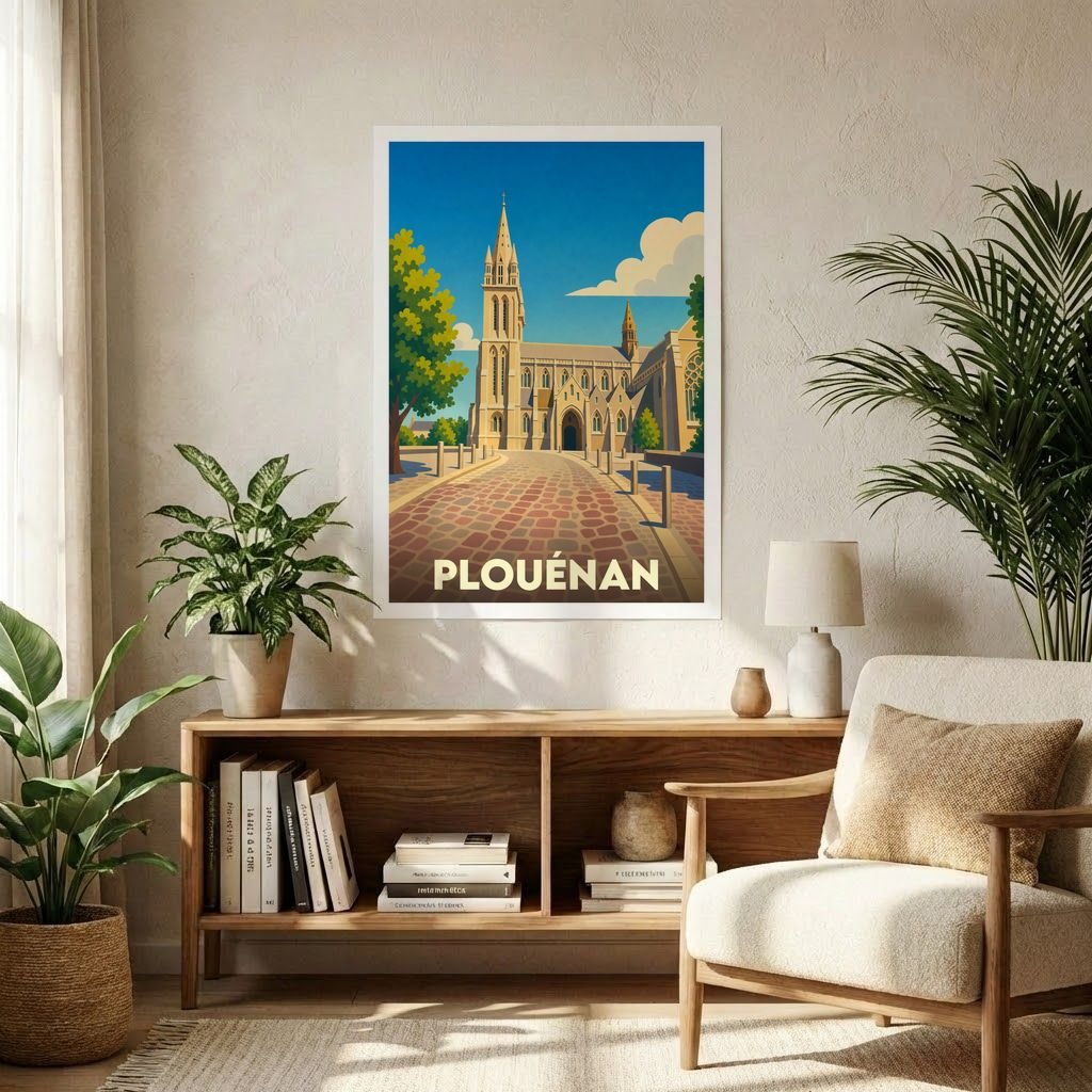 Affiche souvenir de la ville de Plouénan avec une illustration stylisée de son église et de ses rues pavées.