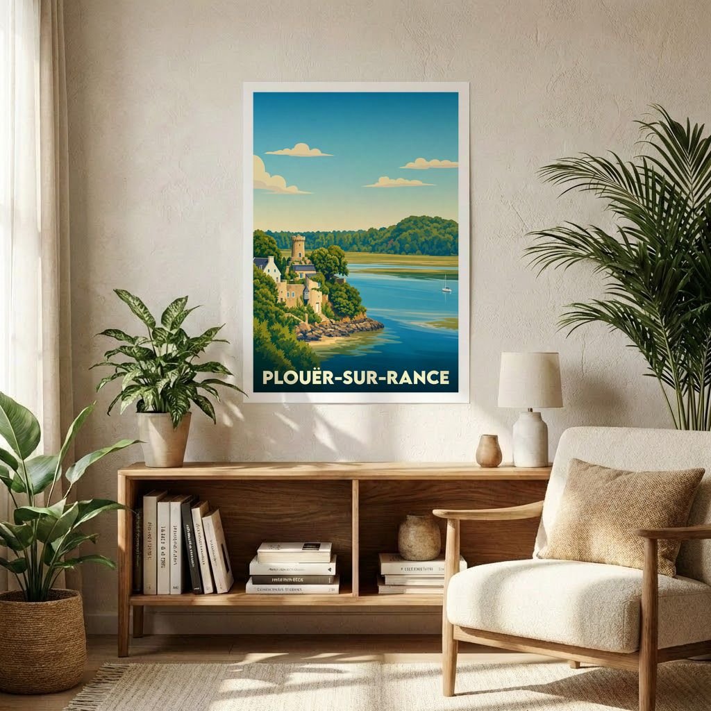 Affiche souvenir de la ville de Plouër-sur-Rance avec une illustration stylisée d'un paysage côtier.