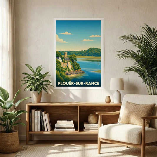 Affiche souvenir de la ville de Plouër-sur-Rance avec une illustration stylisée d'un paysage côtier.