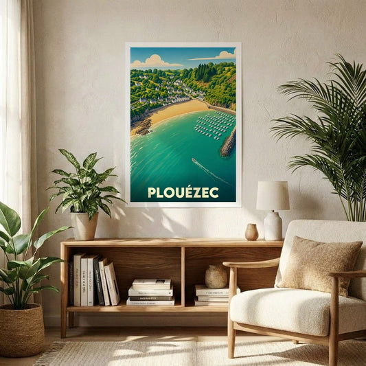 Affiche souvenir de la ville de Plouézec illustrant son littoral et son port dans un style rétro.