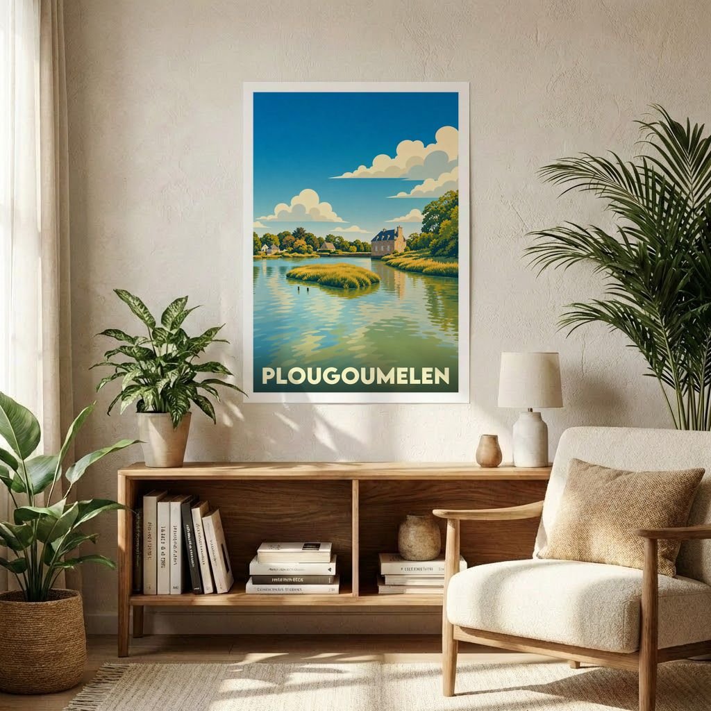Affiche souvenir de la ville de Plougoumelen avec une illustration stylisée de son paysage côtier.
