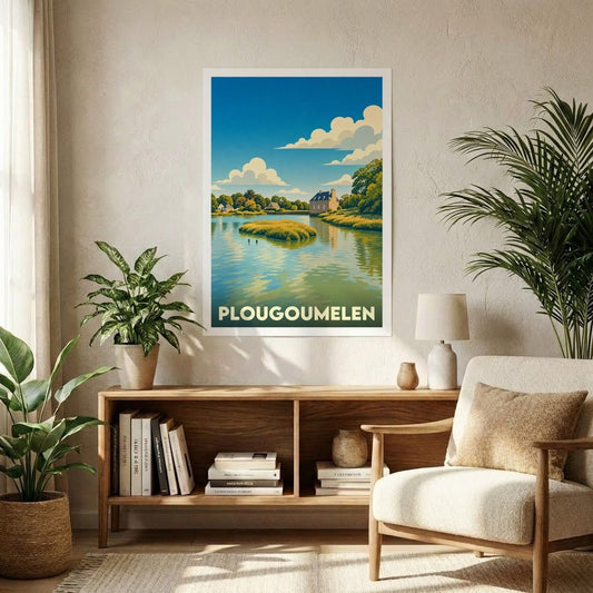 Affiche souvenir de la ville de Plougoumelen avec une illustration stylisée de son paysage côtier.