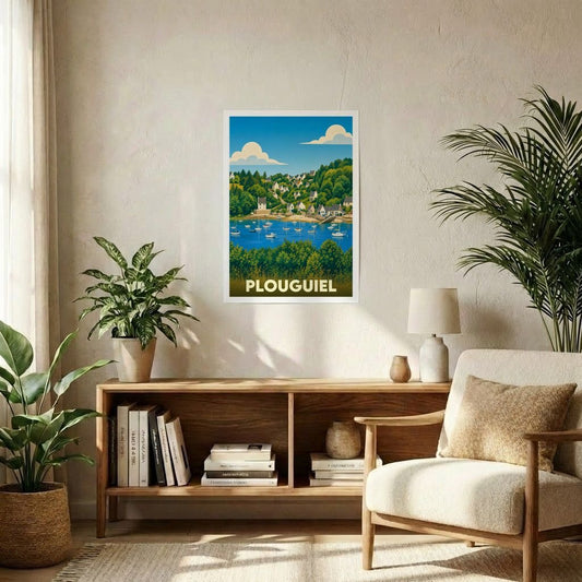 Affiche souvenir de la ville de Plouguiel avec une illustration stylisée d'un port côtier.
