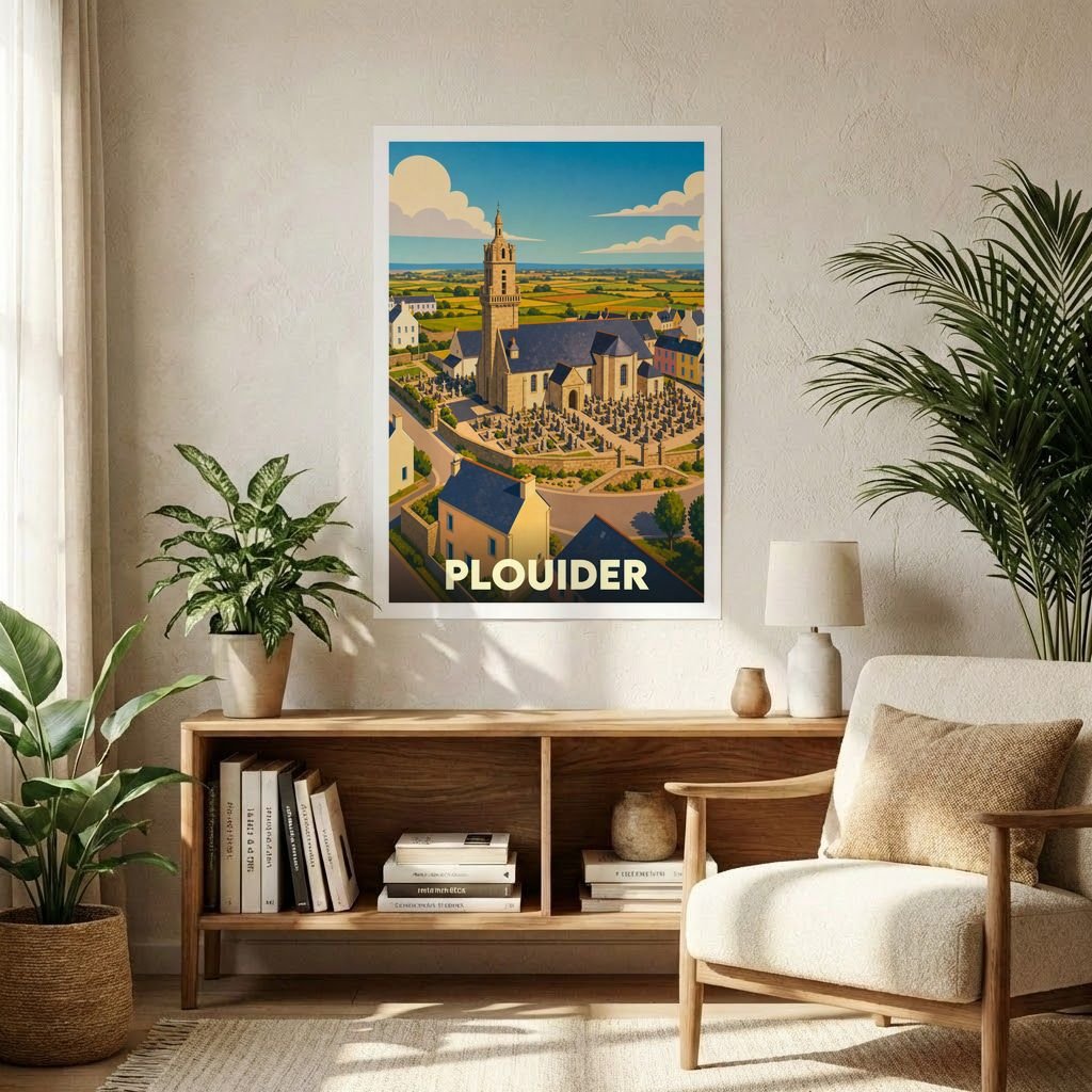 Affiche souvenir de la ville de Plouider illustrant son église et ses paysages environnants dans un style graphique rétro.