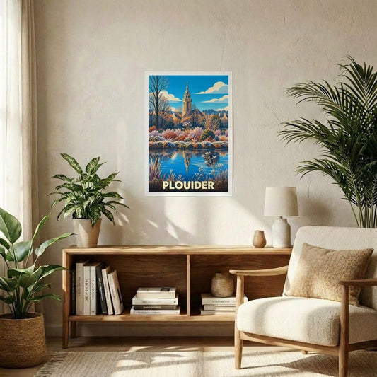 Affiche souvenir de la ville de Plouider avec une illustration stylisée.