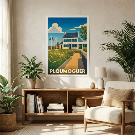 Affiche souvenir de la ville de Ploumoguer présentant une illustration stylisée d'une maison bretonne et de son jardin fleuri.