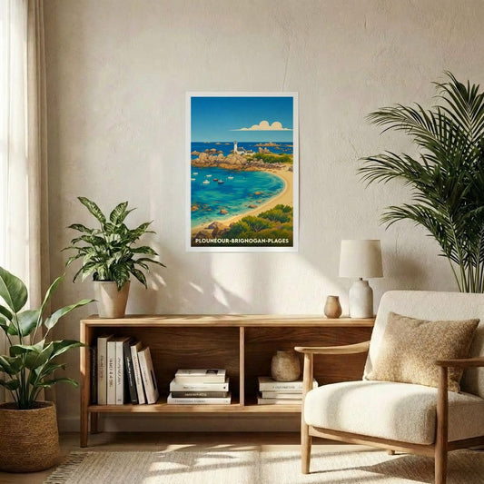 Affiche souvenir de la ville de Plounéour-Brignogan-plages avec une illustration stylisée de son littoral et de son phare.