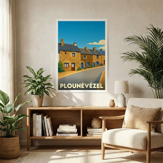 Affiche souvenir de la ville de Plounévézel représentant une rue bordée de maisons traditionnelles bretonnes dans un style graphique épuré.