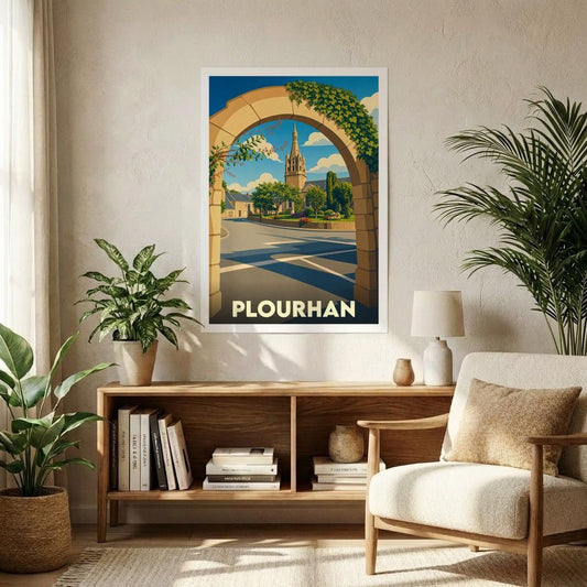 Affiche souvenir de la ville de Plourhan avec une illustration stylisée d'un clocher encadré par une arche de pierre.