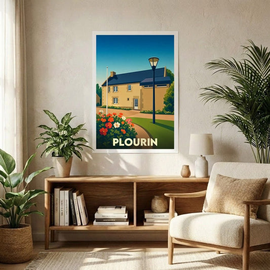 Affiche souvenir de la ville de Plourin avec une illustration stylisée d'une maison traditionnelle bretonne.