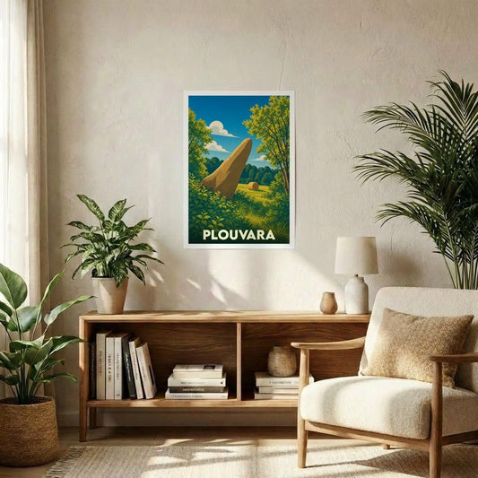 Affiche souvenir de la ville de Plouvara avec une illustration stylisée d'un menhir dans la campagne bretonne.