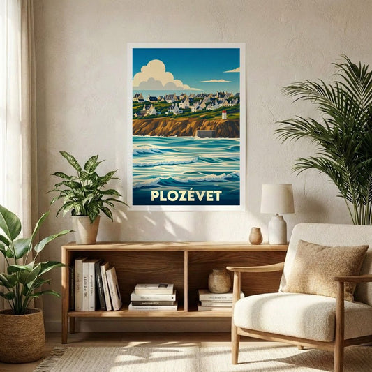 Affiche souvenir de la ville de Plozévet avec une illustration stylisée d'un village côtier breton.