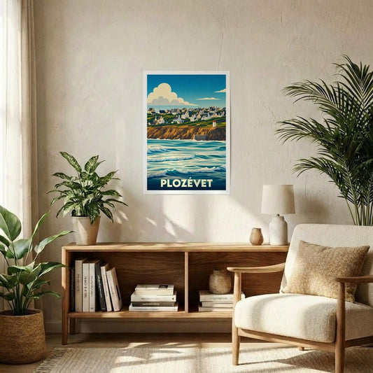 Affiche de voyage de la ville de Plozévet illustrant un paysage côtier typique de Bretagne.