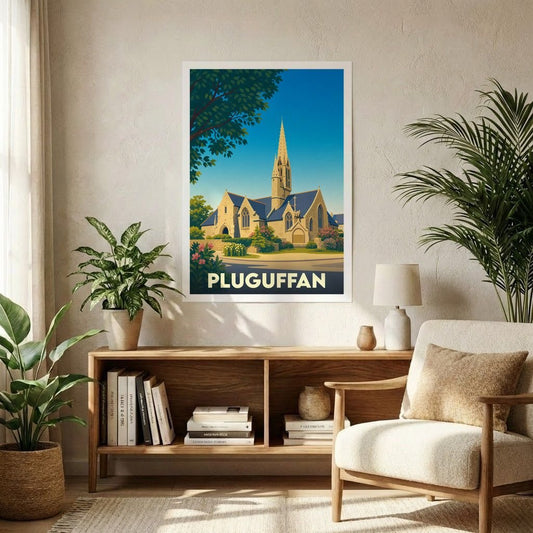 Affiche souvenir de la ville de Pluguffan avec une illustration stylisée de son église.
