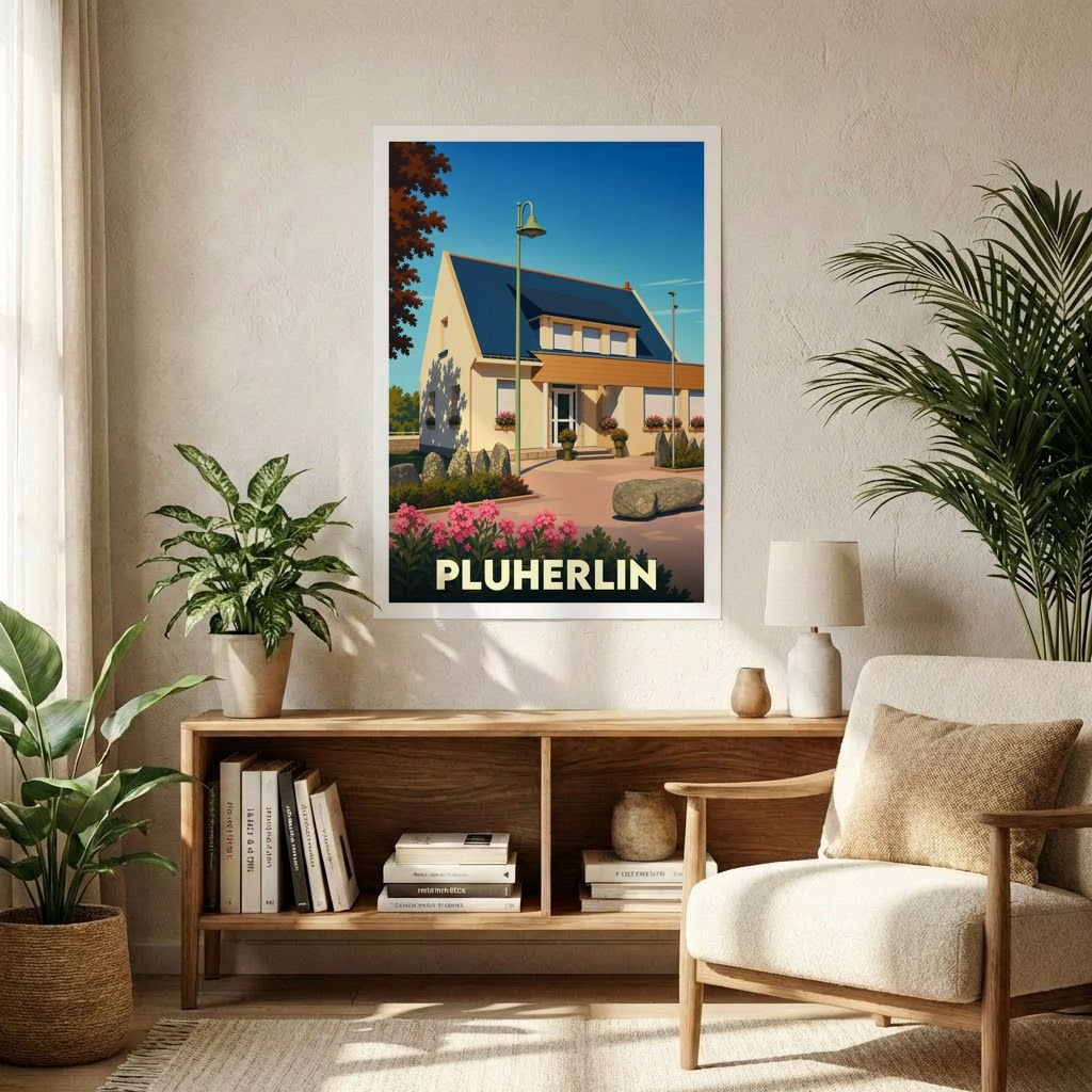 Affiche souvenir de la ville de Pluherlin avec une illustration stylisée d'une maison bretonne.