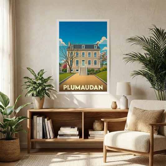 Affiche souvenir de la ville de Plumaudan illustrant une bâtisse élégante dans un style graphique épuré.
