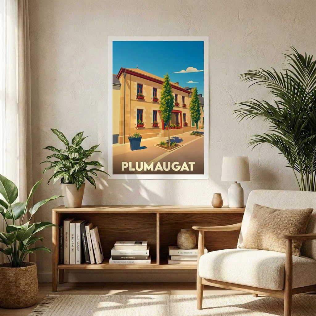 Affiche souvenir de la ville de Plumaugat représentant une ruelle ensoleillée avec une illustration stylisée.