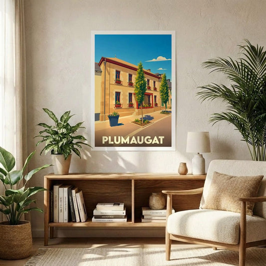 Affiche souvenir de la ville de Plumaugat représentant une ruelle ensoleillée avec une illustration stylisée.