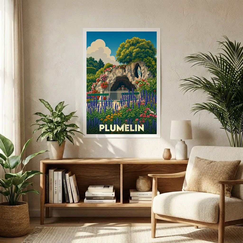 Affiche souvenir de la ville de Plumelin avec une illustration colorée et stylisée d'une grotte fleurie.