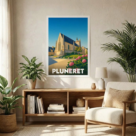 Affiche souvenir de la ville de Pluneret avec une illustration stylisée de son église et de fleurs colorées.