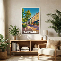 Affiche souvenir de la ville de Pluvigner avec une illustration stylisée d'une rue ensoleillée.