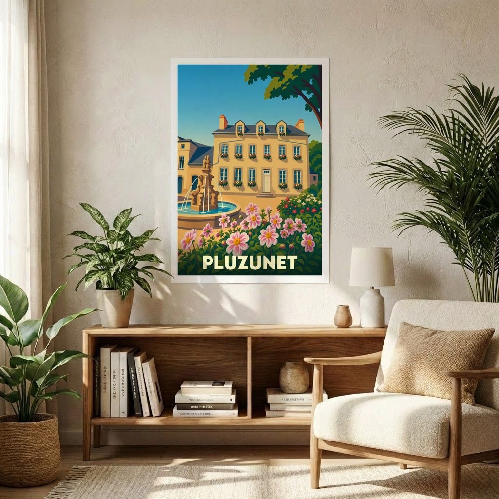Affiche souvenir de la ville de Pluzunet avec une illustration colorée et stylisée d'une place fleurie.