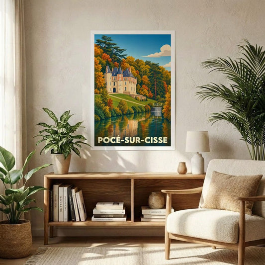Affiche souvenir de la ville de Pocé-sur-Cisse représentant son château et un cours d'eau dans un style illustré coloré.