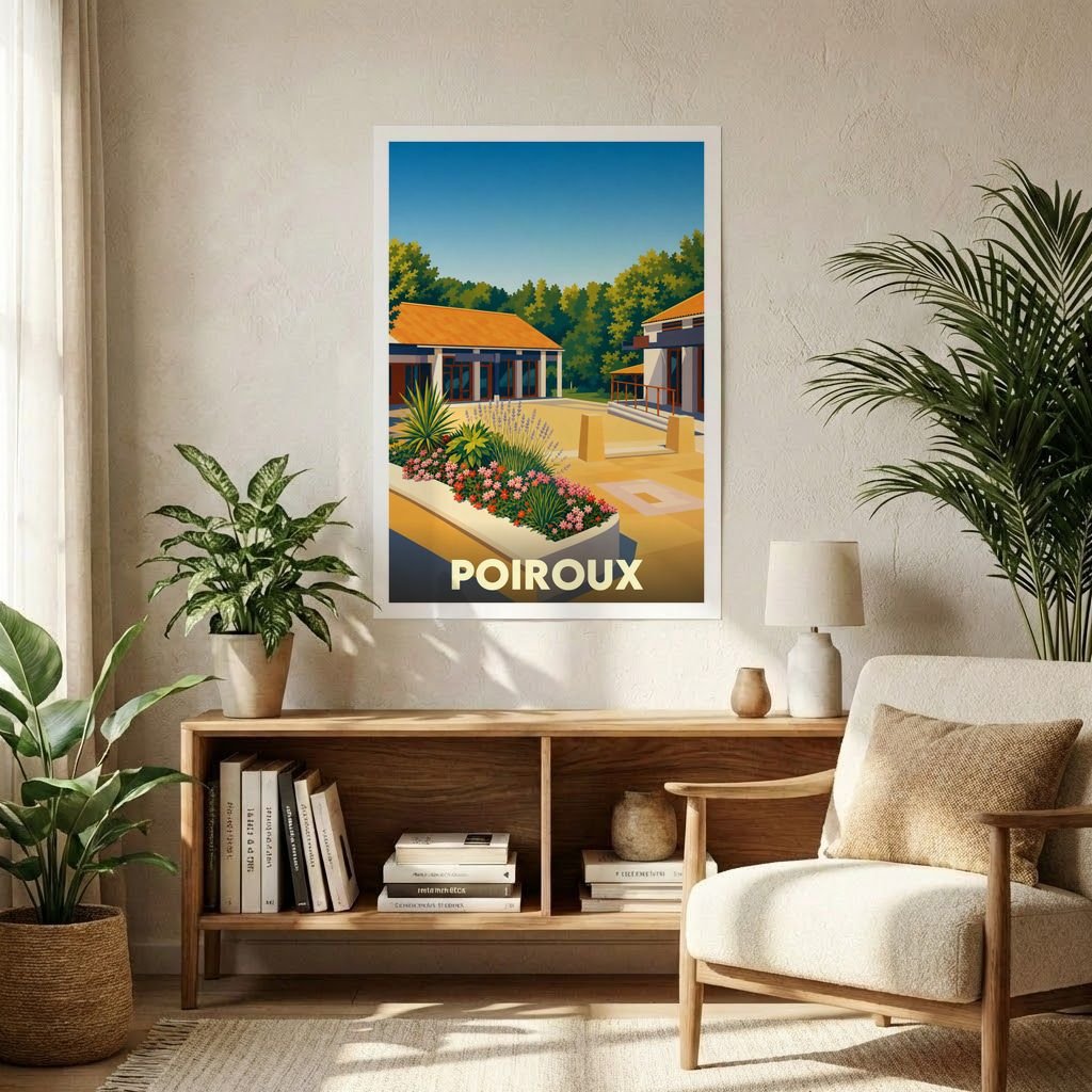 Affiche souvenir de la ville de Poiroux avec une illustration stylisée et colorée de son architecture.