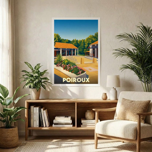 Affiche souvenir de la ville de Poiroux avec une illustration stylisée et colorée de son architecture.